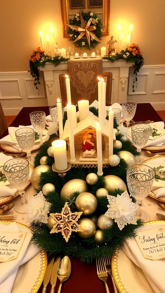 A festive Christmas table setting with a nativity scene, candles, and star decorations.